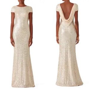 Badgley Mischka sequin cowl back gown in Champagne sequins